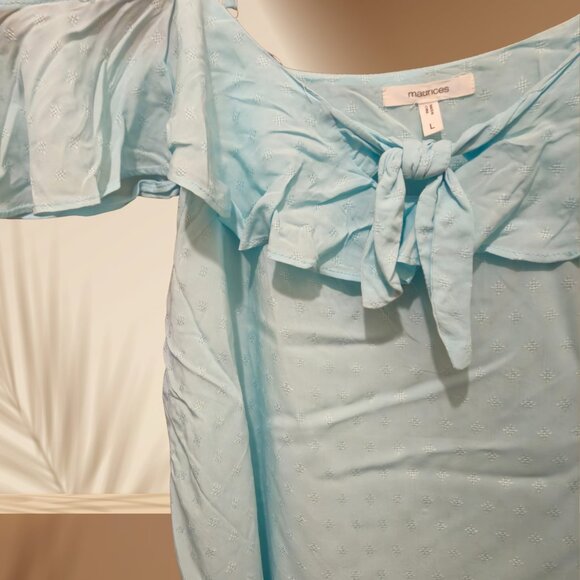 Maurices Light Blue Off-Shoulder Tie Front Top | Size L - Picture 2 of 3